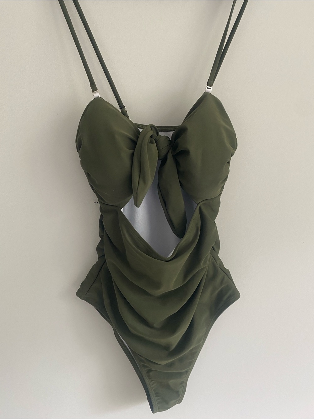 Olive Green Ruched Cutout One-Piece Swimsuit with Front Tie